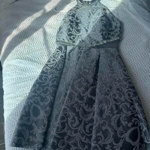 Halter A-Line Prom Dress with Silver Lace Detail - Black